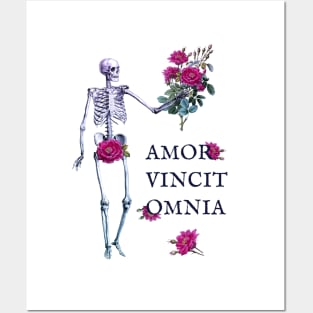 Amor Vincit Omnia skeleton and roses white Posters and Art